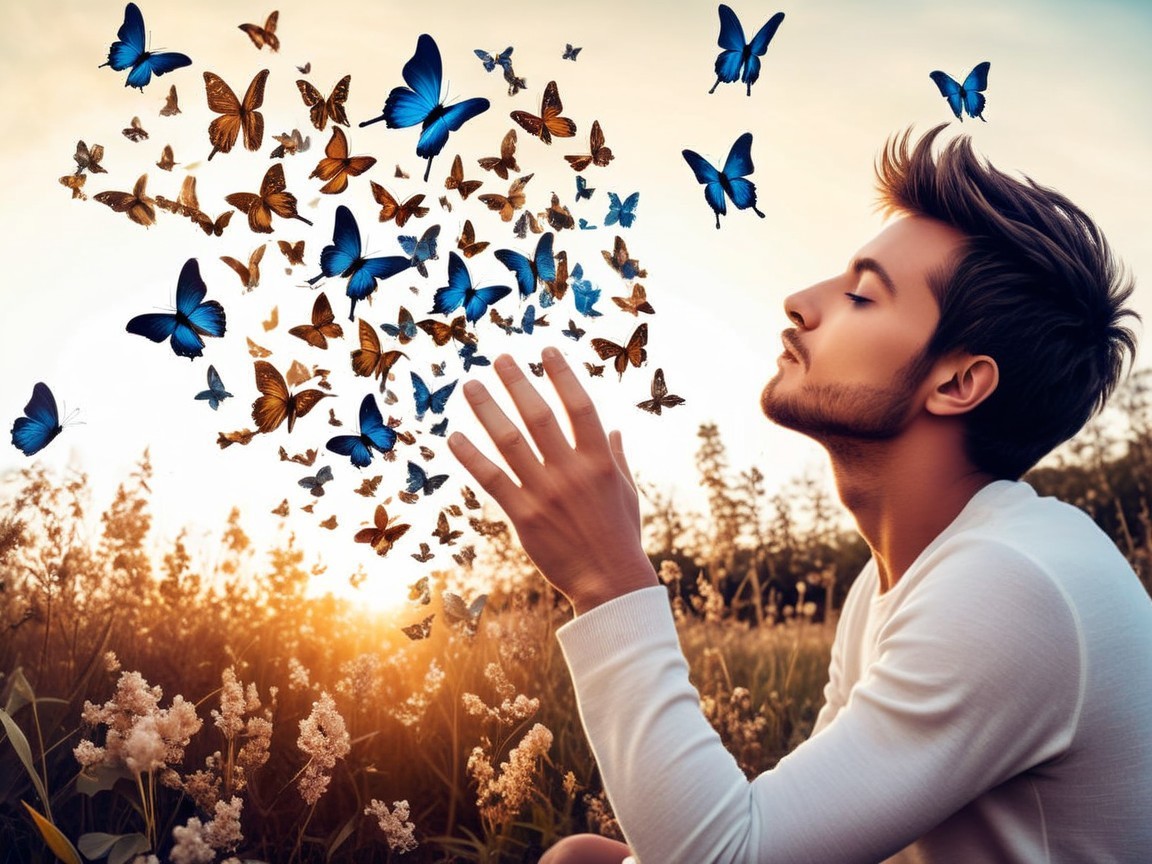 Serene Sunset Scene with Young Man and Butterflies