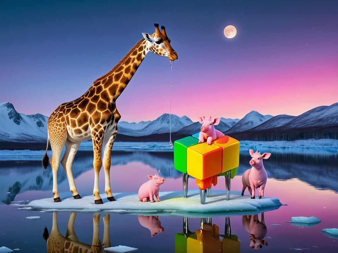 Giraffe and Pigs on Colorful Ice Floe Landscape