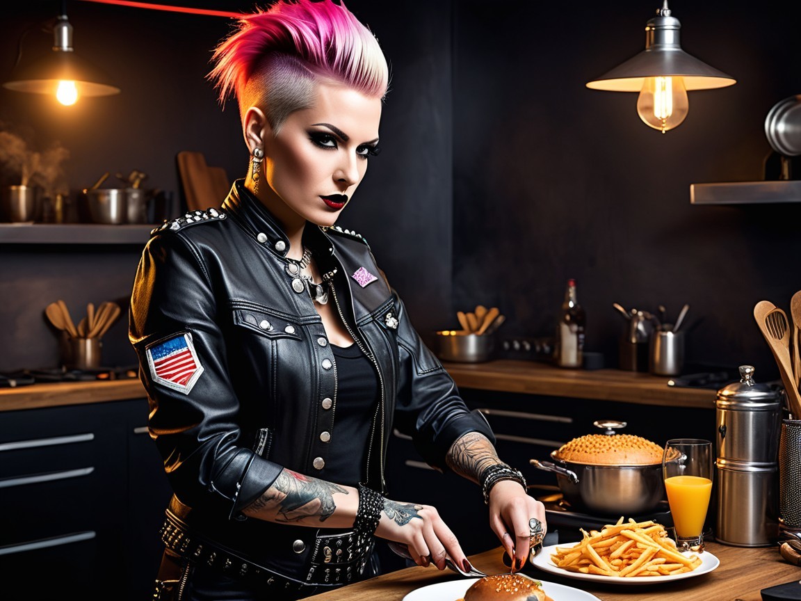 Punk-Inspired Woman Enjoys Gourmet Burger in Kitchen