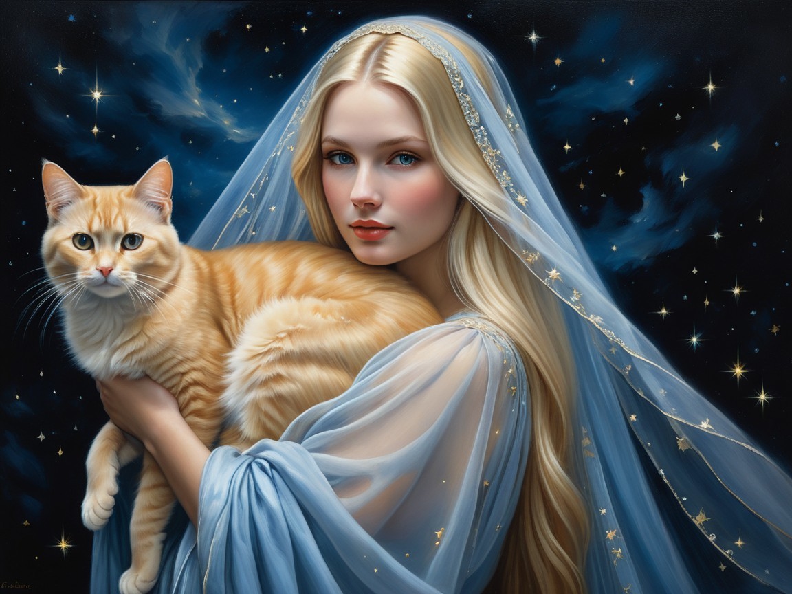Serene Woman in Starry Gown with Orange Cat Under Stars