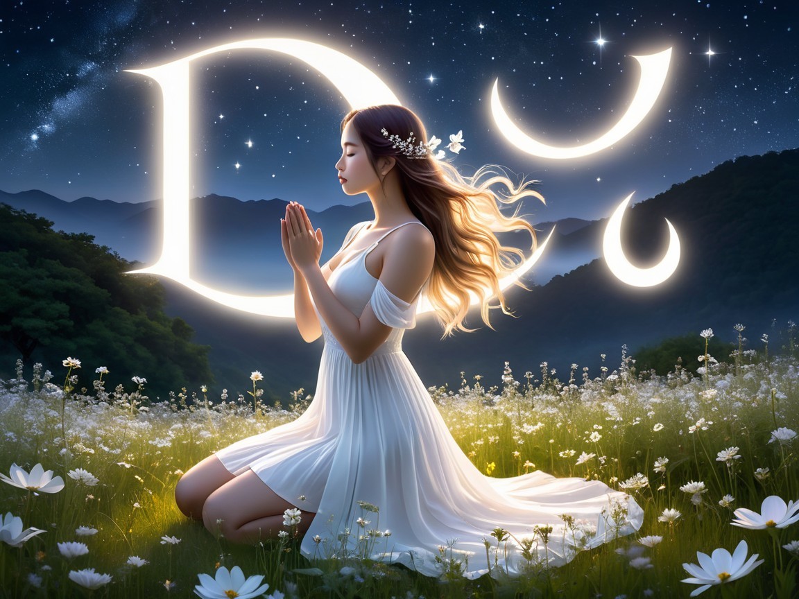 Young Woman in White Dress Among Daisies at Night