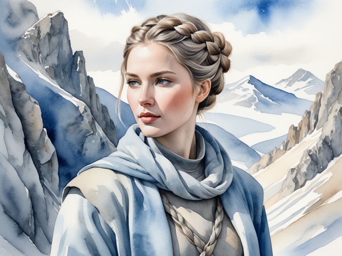 Young Woman in Soft Attire Against Mountain Landscape
