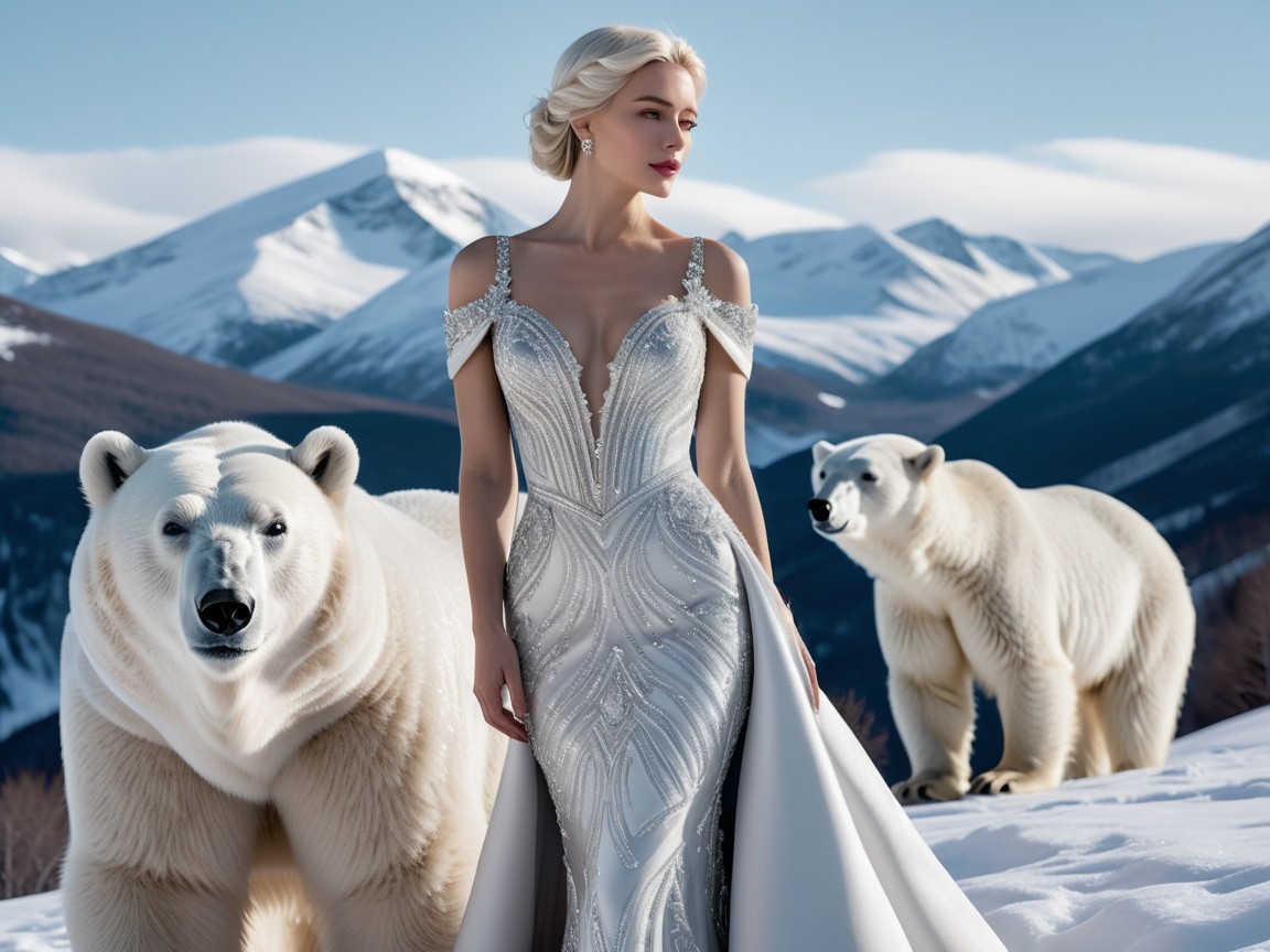 Elegant Woman in Silver Gown with Polar Bears