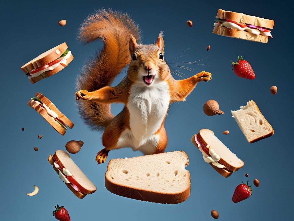 Lively Squirrel Surrounded by Floating Food Items