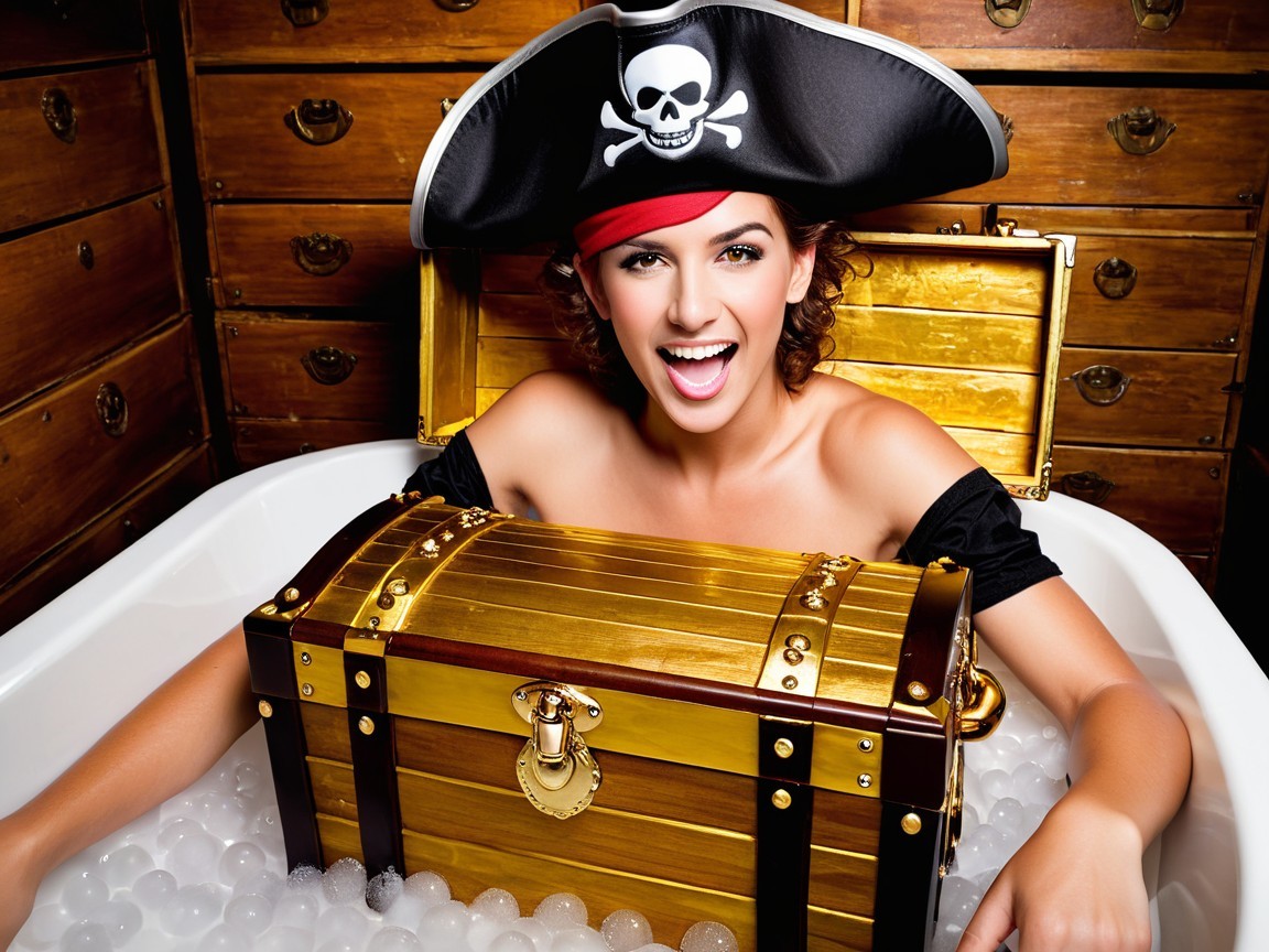 Woman in Pirate Hat Enjoying Bubble Bath Scene