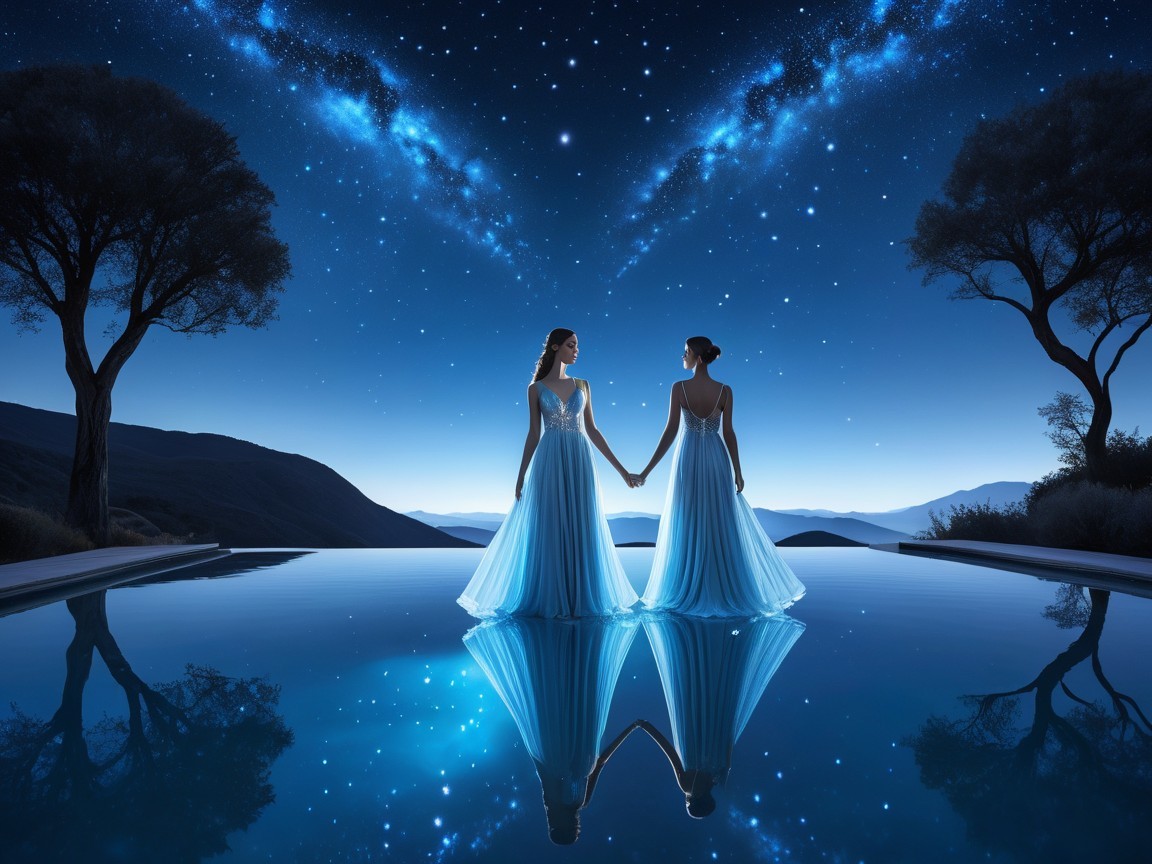 Elegant Figures in Blue Gowns by a Starry Pool