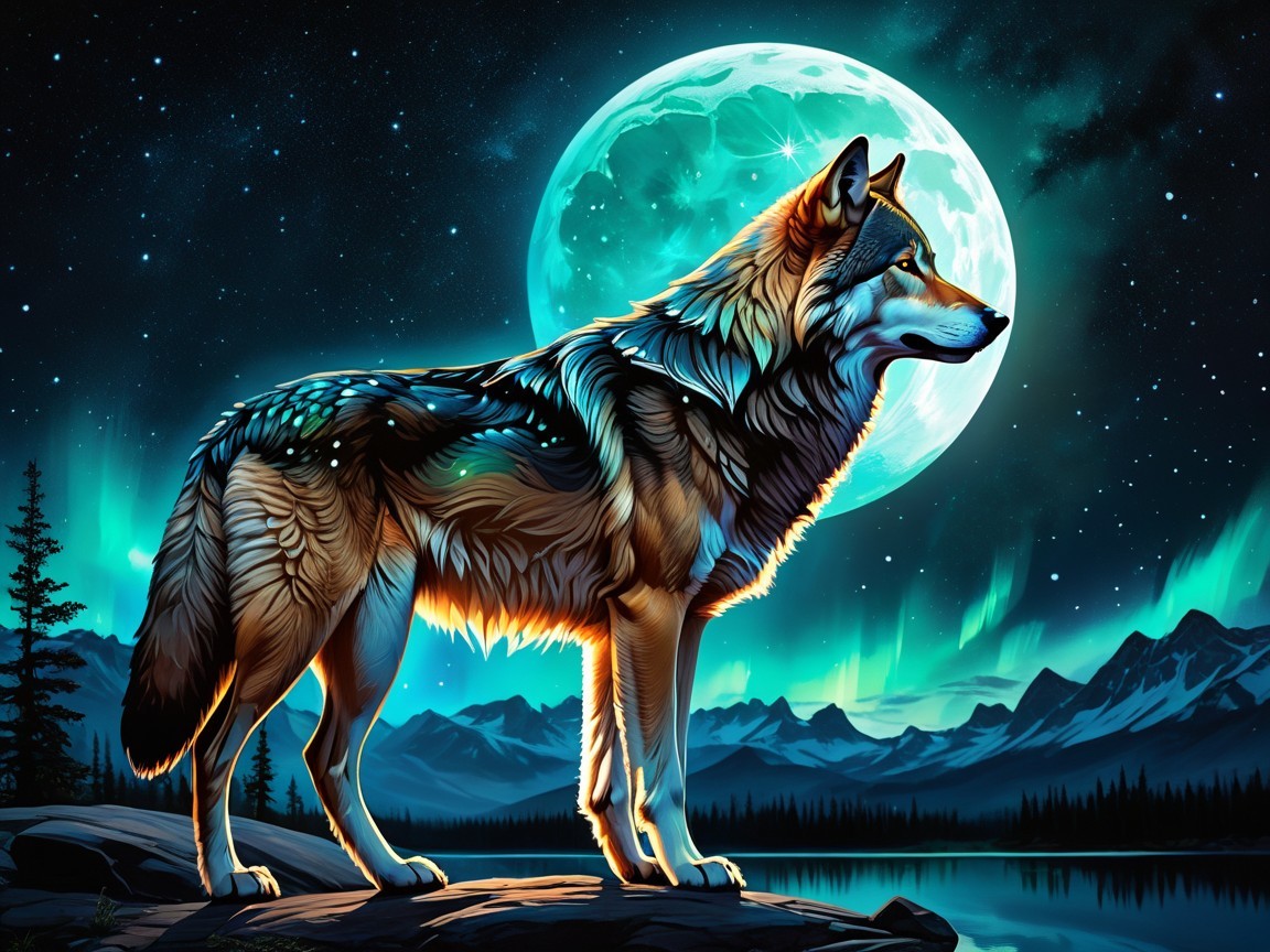 Wolf Silhouetted by Full Moon and Northern Lights
