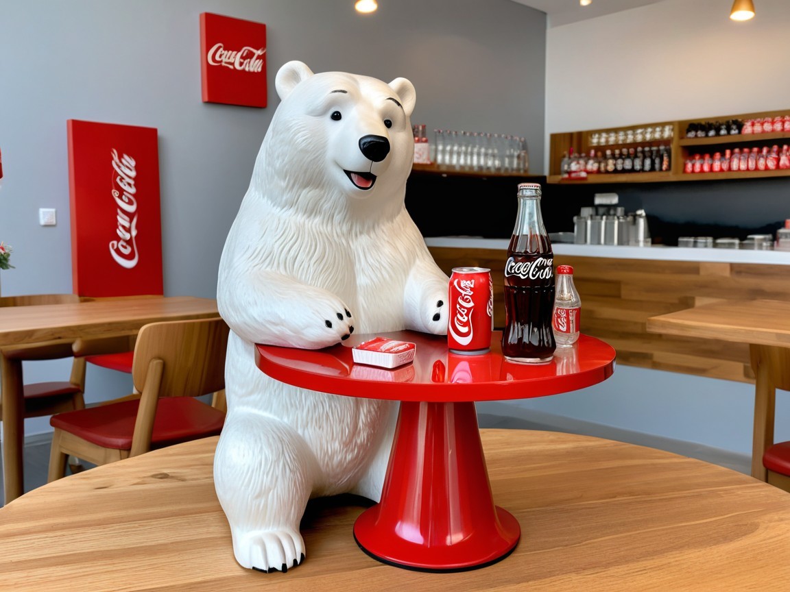 Playful Polar Bear Sculpture in Modern Café Setting