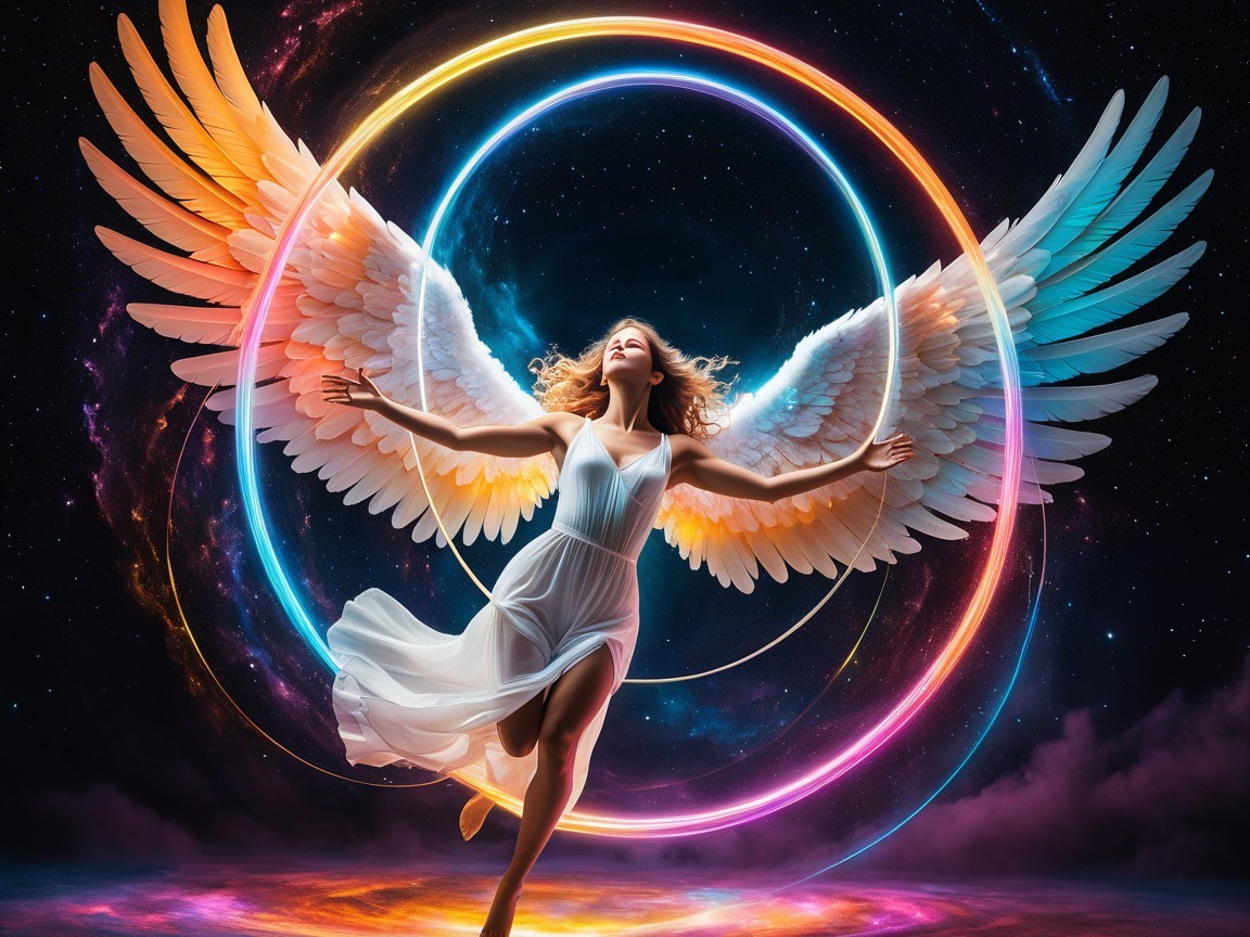 Celestial Figure with Angelic Wings in Cosmic Dance