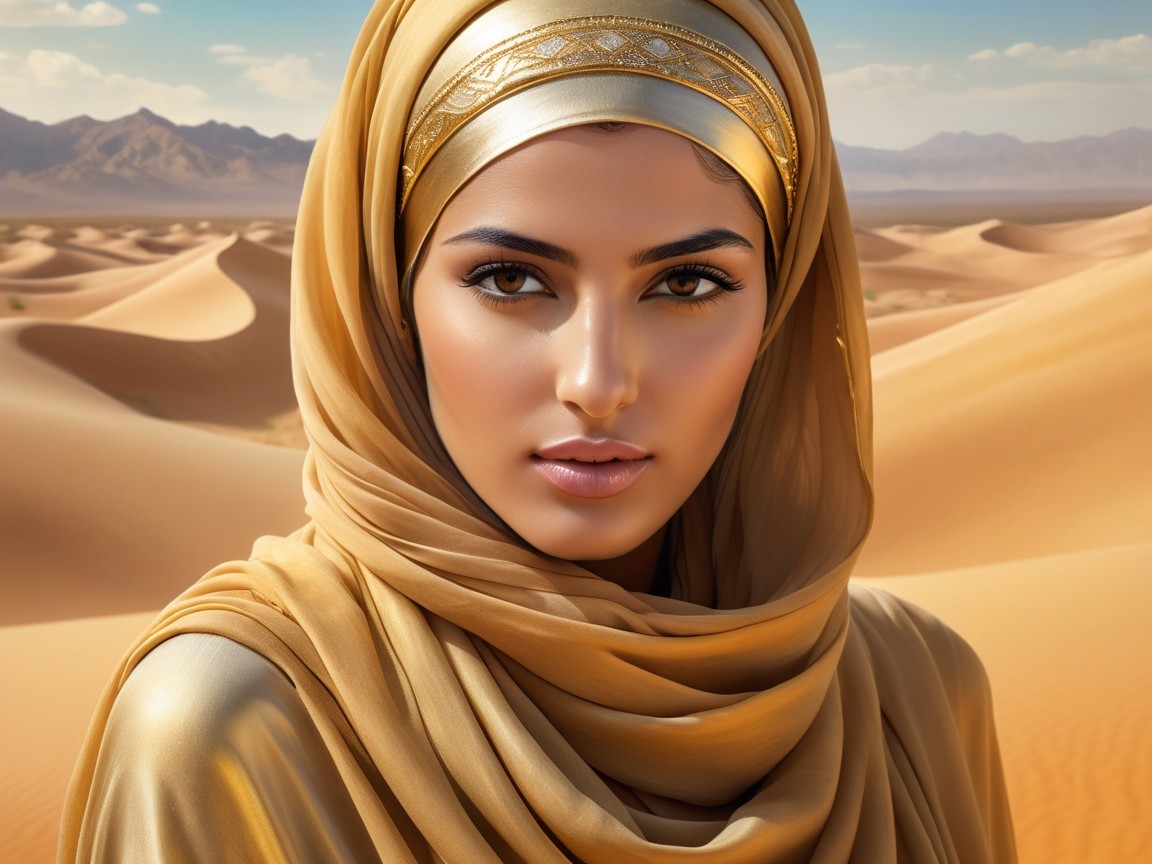 Young Woman in Golden Attire in Desert Landscape