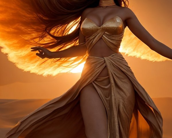 Woman in Gold Outfit Against Desert Sunset Scene