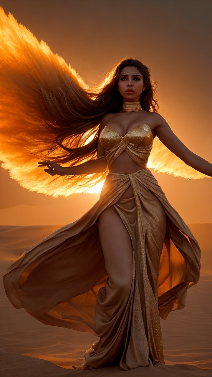 Woman in Gold Outfit Against Desert Sunset Scene