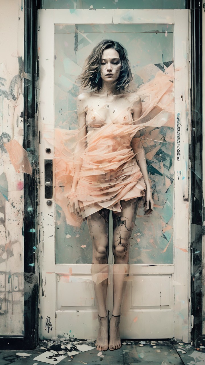 Surreal Scene of a Woman by a Partially Open Door