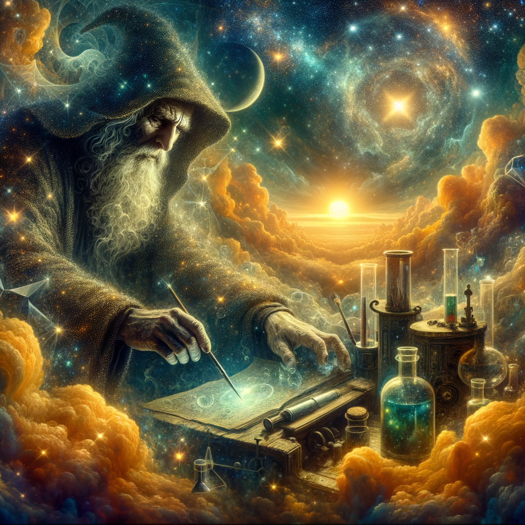 Ancient wizard stirring potions in cosmic surroundings