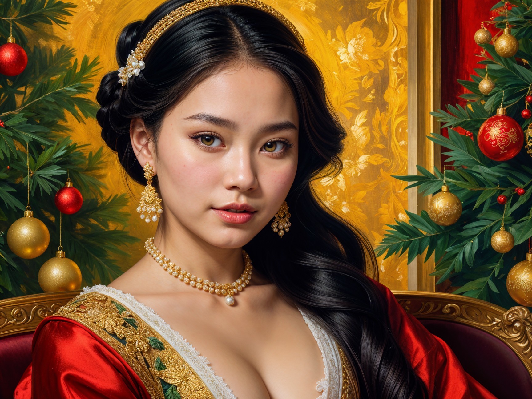 Young Woman in Red Gown with Festive Background