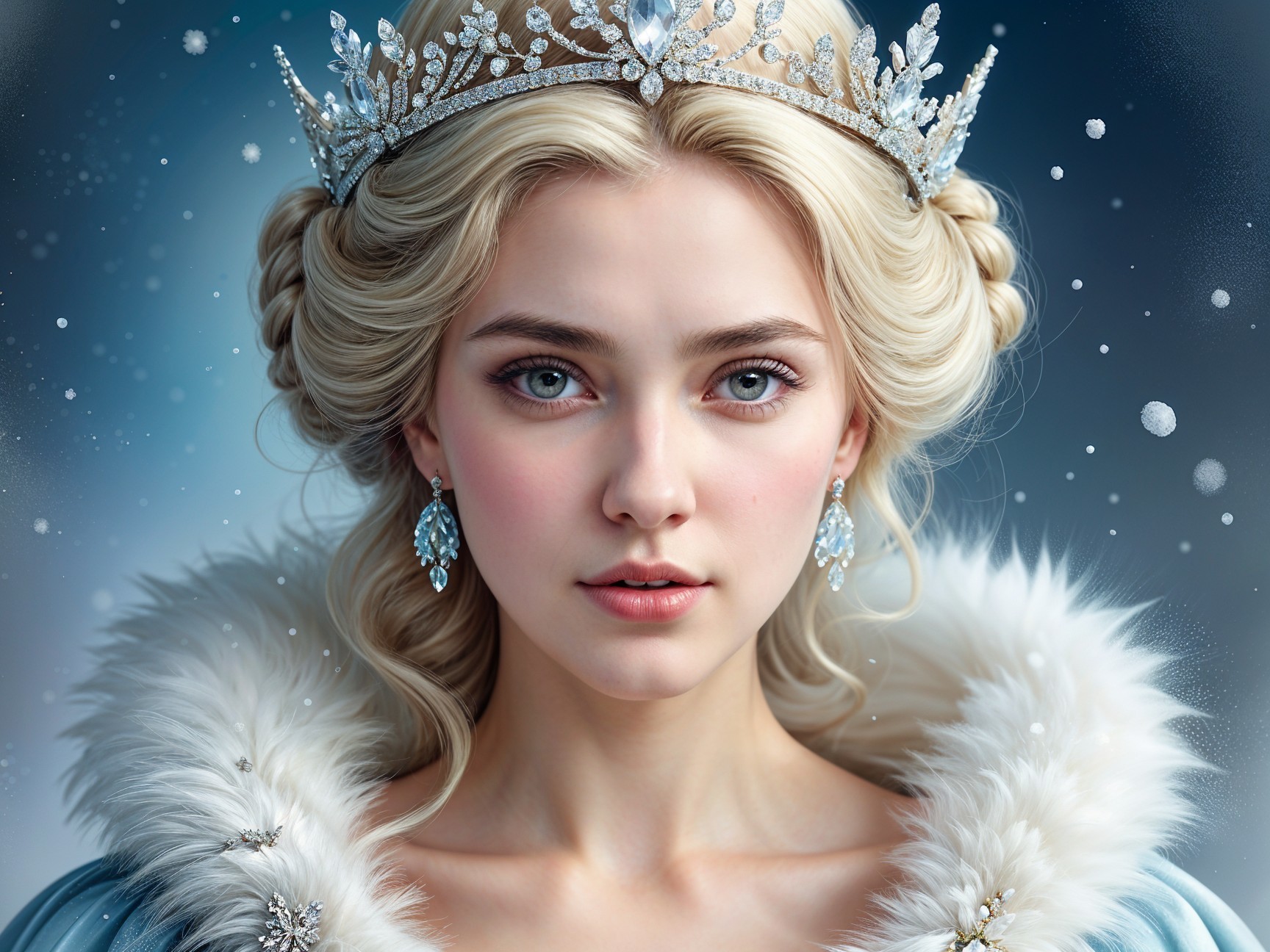 Regal Young Woman in Crystal Crown and Fur Cloak