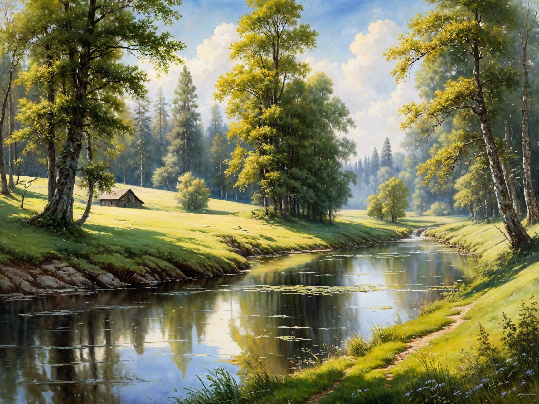 Tranquil River Landscape with Lush Greenery and Cabin