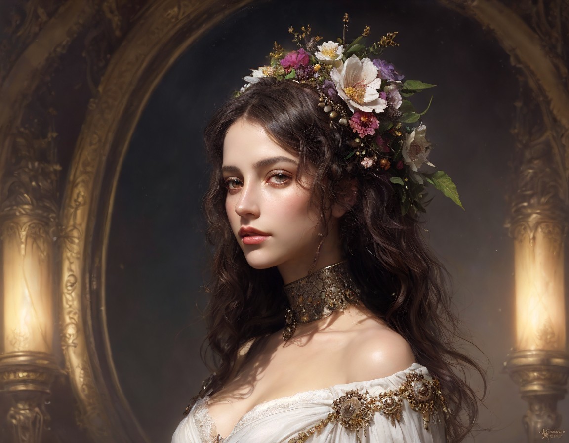 Portrait of a Woman in Floral Headpiece and Gown