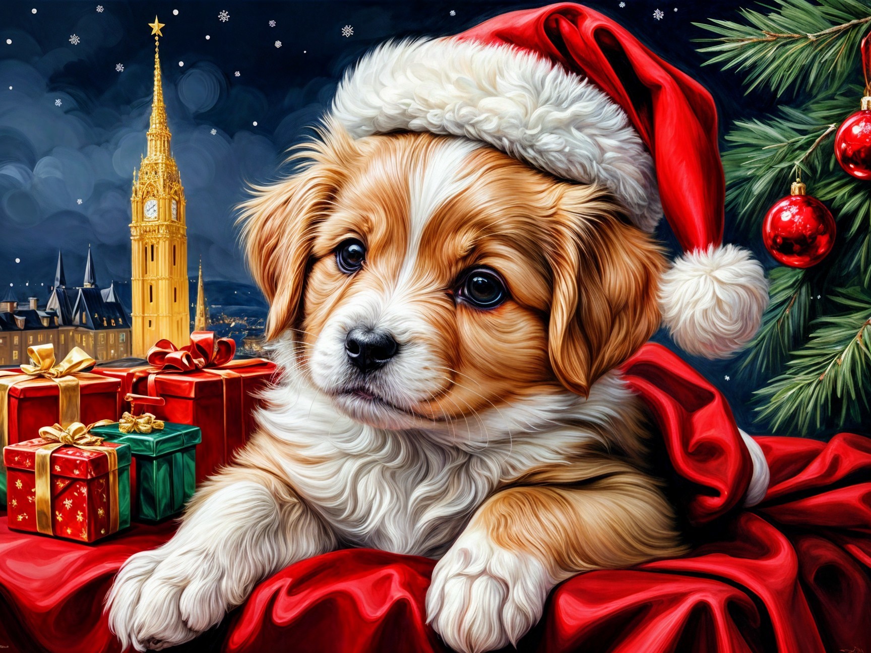 Puppy in Santa Hat Amid Snowy Holiday Cityscape