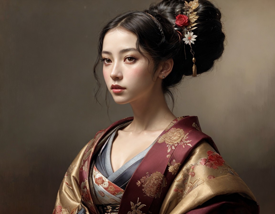 Woman in Traditional Attire with Floral Hairstyle