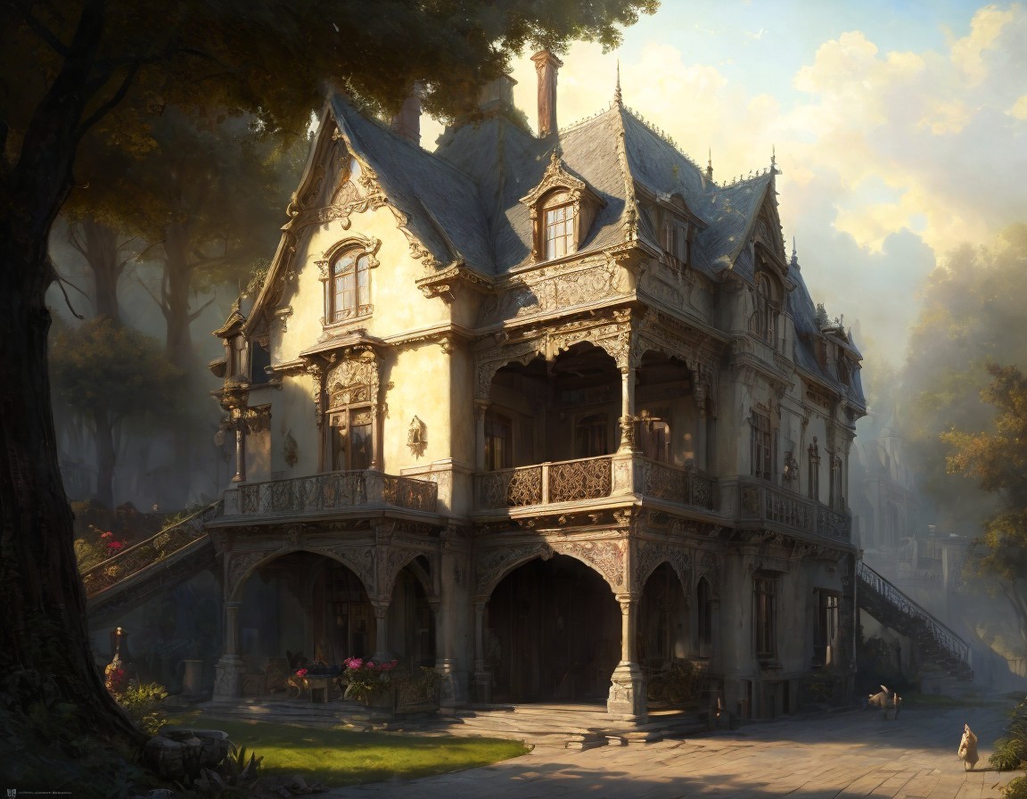 Intricate Old Mansion Surrounded by Lush Trees