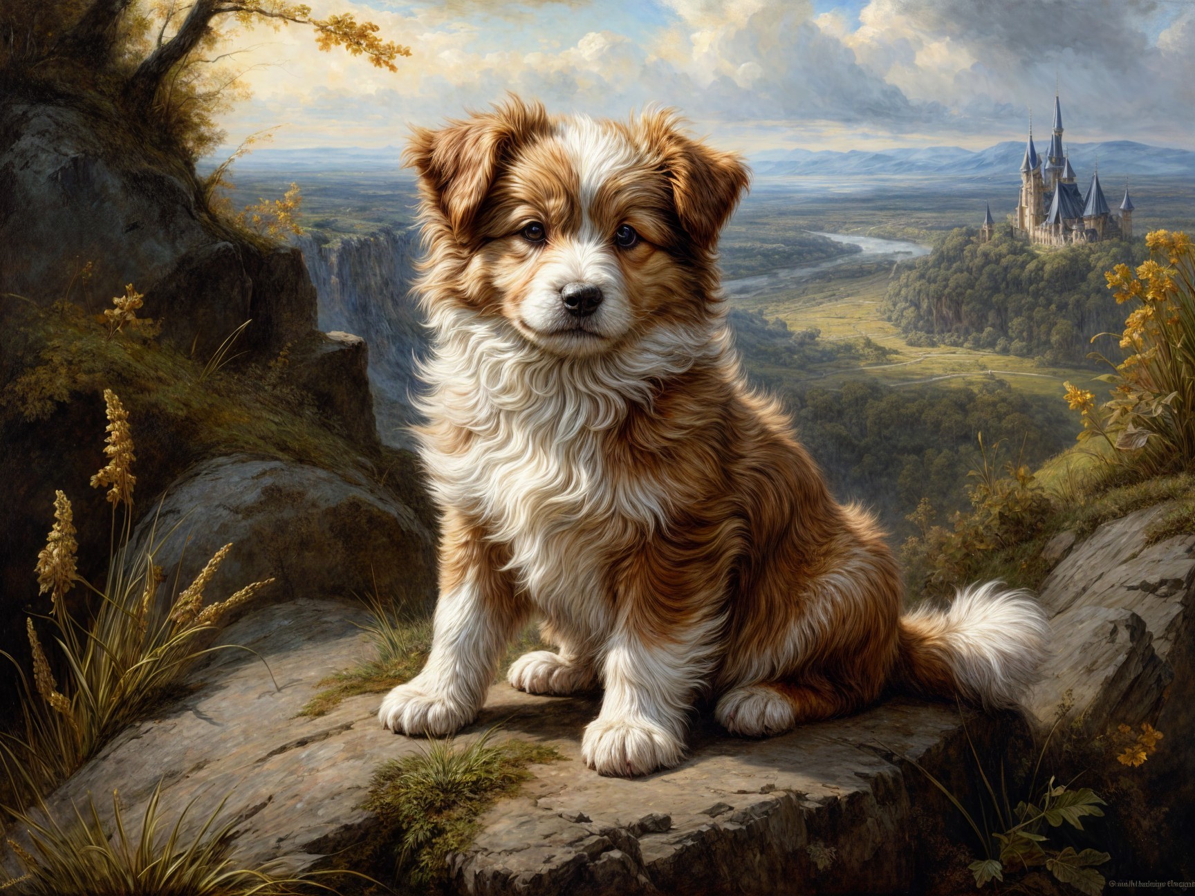 Fluffy Reddish-Brown Puppy on Rocky Ledge with Castle