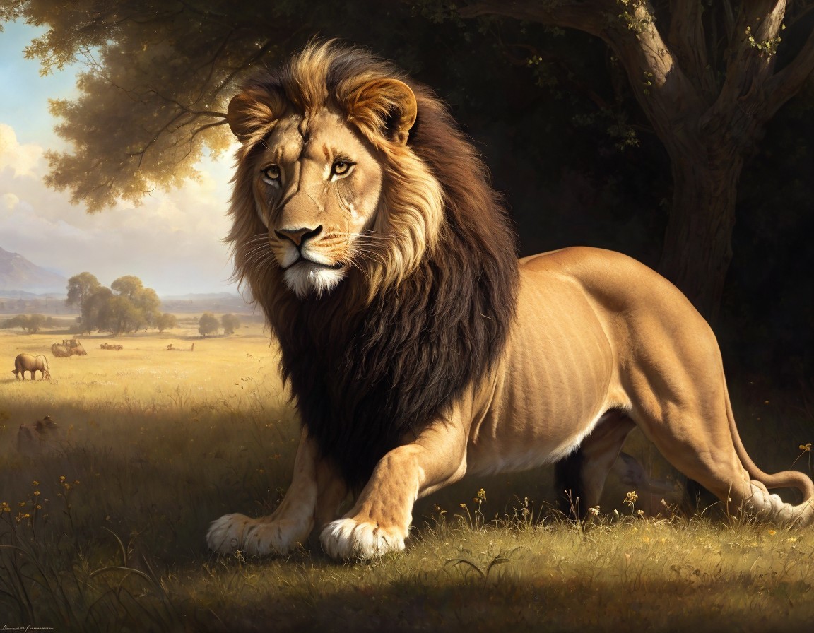 Majestic lion in sunlit savanna with serene backdrop