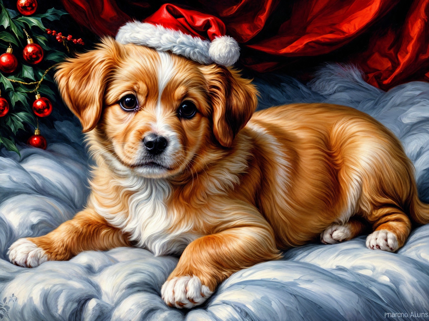 Fluffy Golden Puppy in Santa Hat on Cozy Blanket