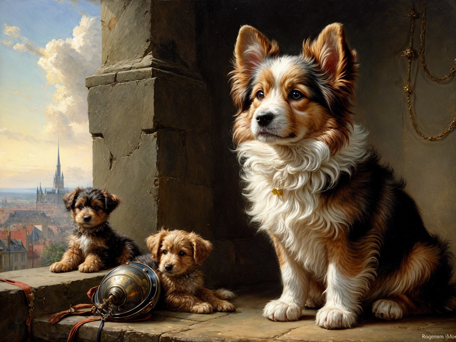 Corgi and Puppies with Cityscape Background