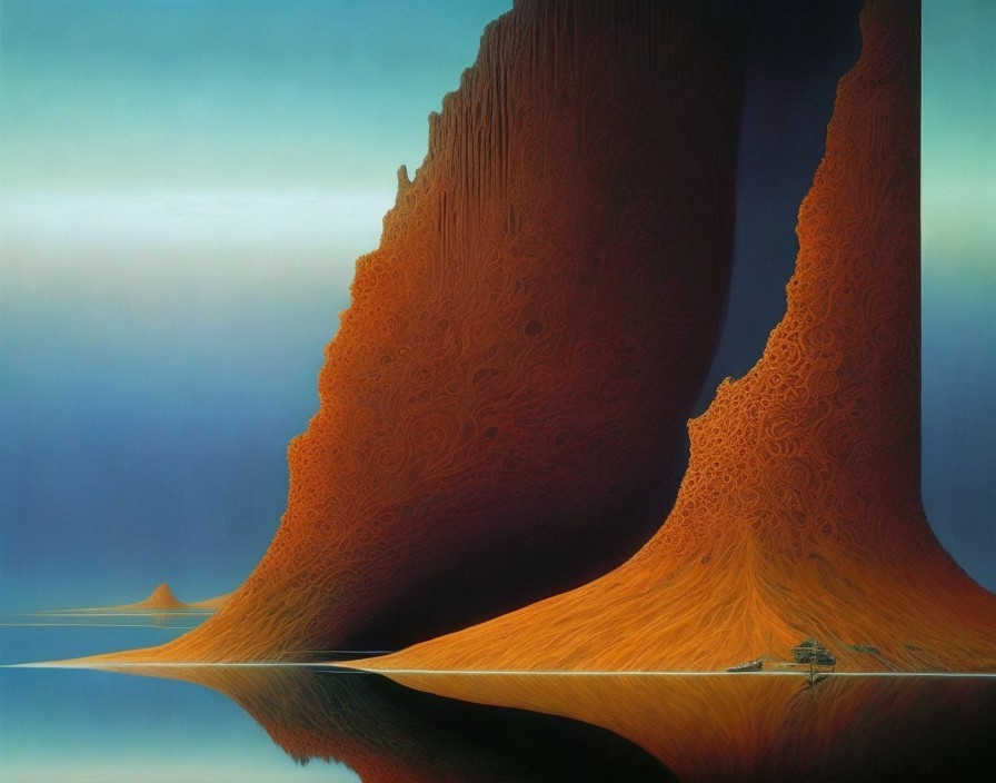 Surreal landscape: massive textured cliff, flowing patterns, reflected in water