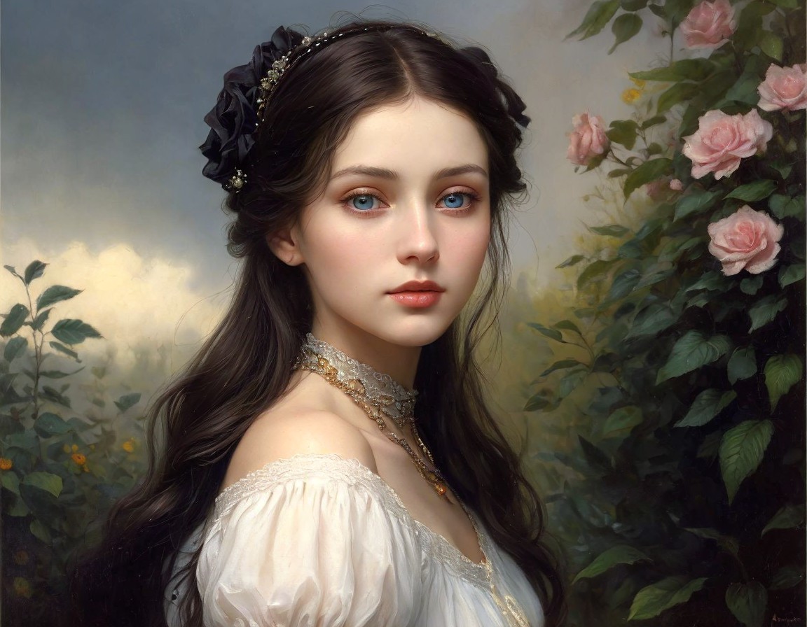 Portrait of young woman in white off-shoulder dress with blue eyes and dark hair amidst roses