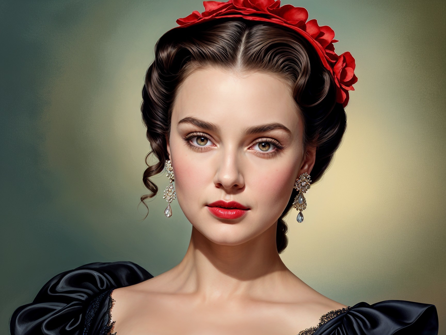 Elegant woman in dark gown with floral accents
