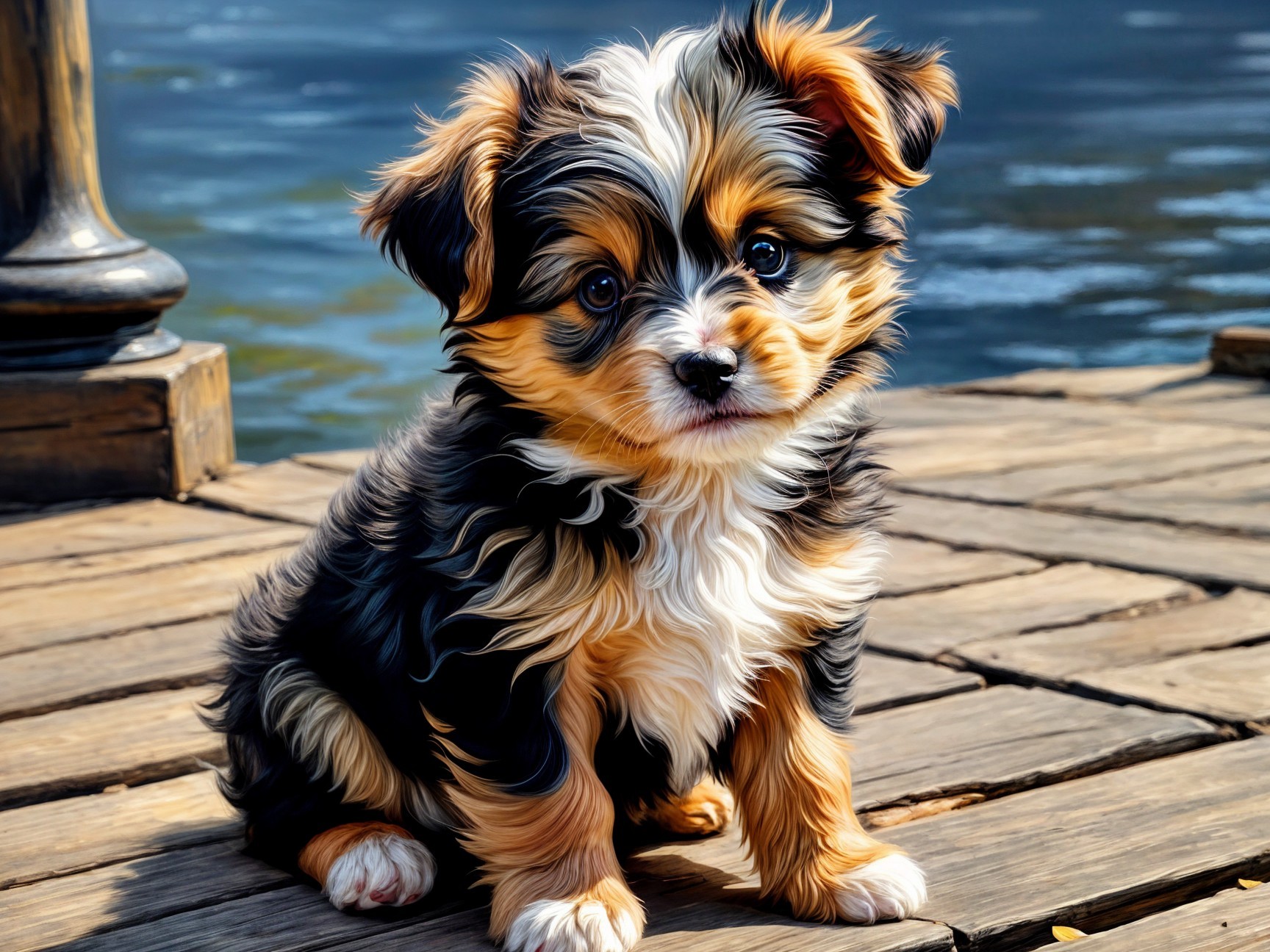 Fluffy Puppy on Sunlit Wooden Dock by Water