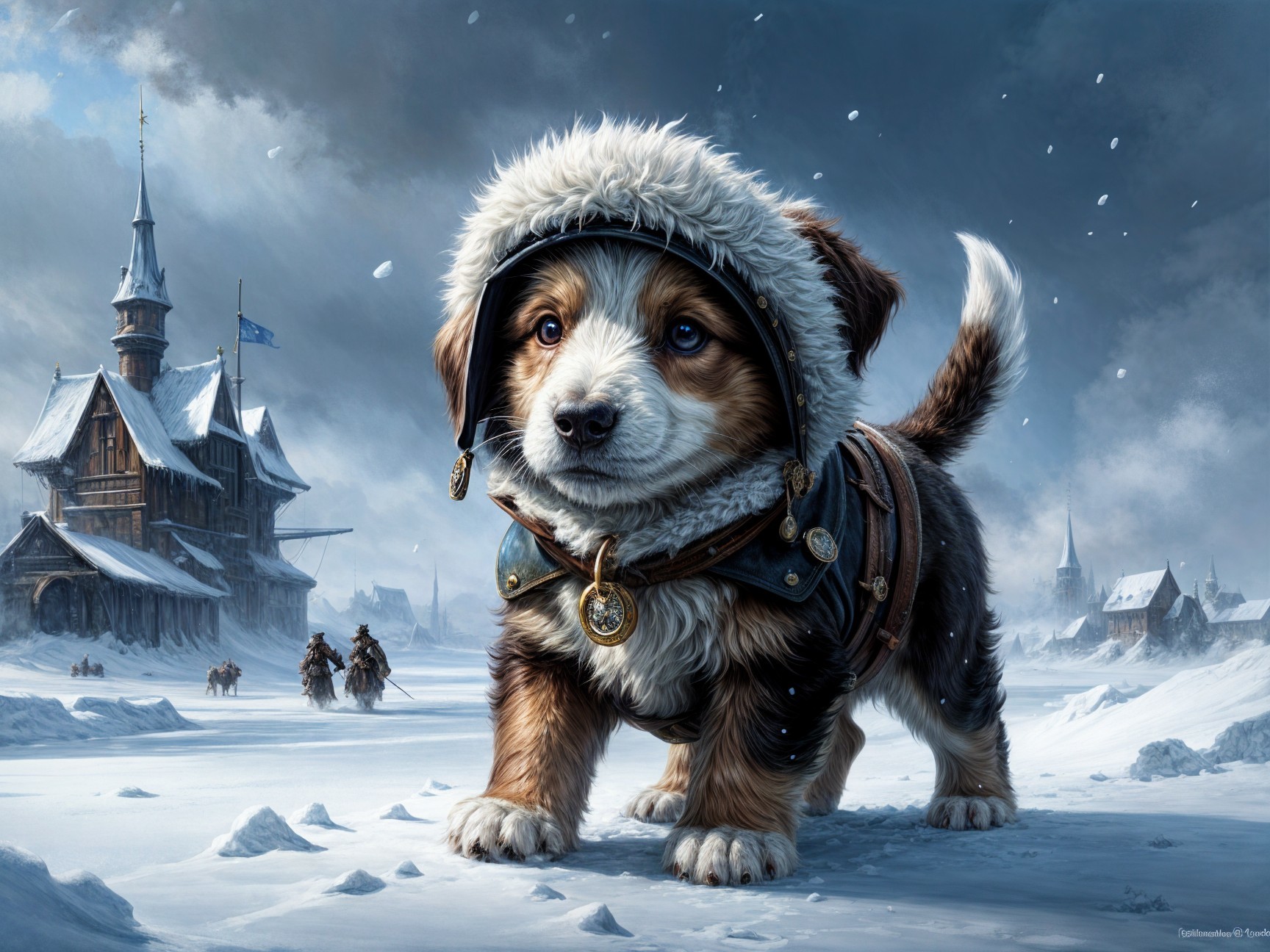 Corgi Puppy in Snowy Village with Winter Attire