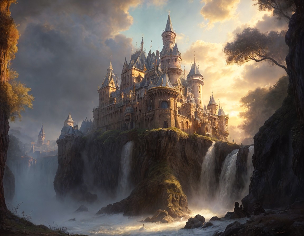 Majestic castle on waterfall in mystical forest at sunset