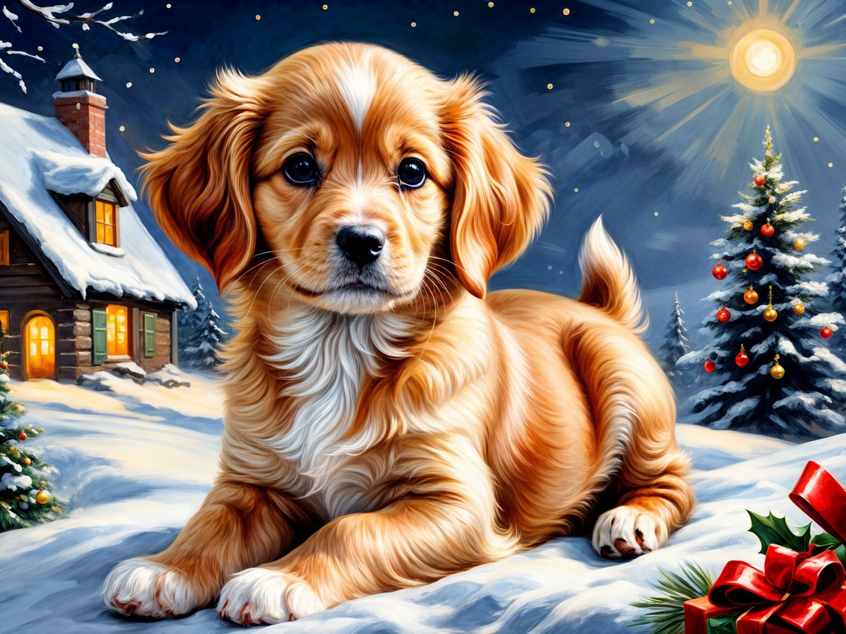 Golden Puppy in Snowy Christmas Landscape with Cabin
