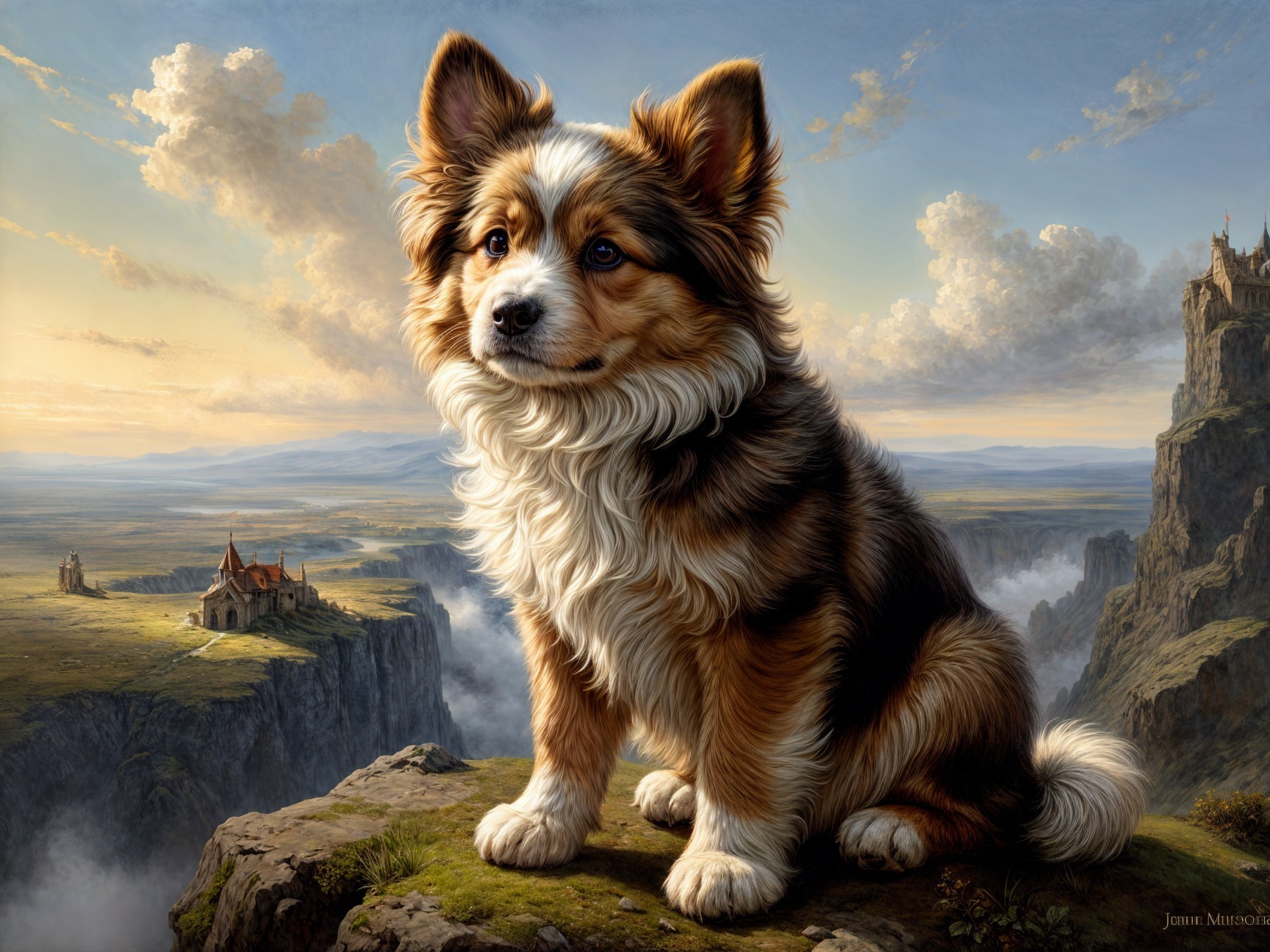 Fluffy Dog on Rocky Ledge with Scenic Landscape