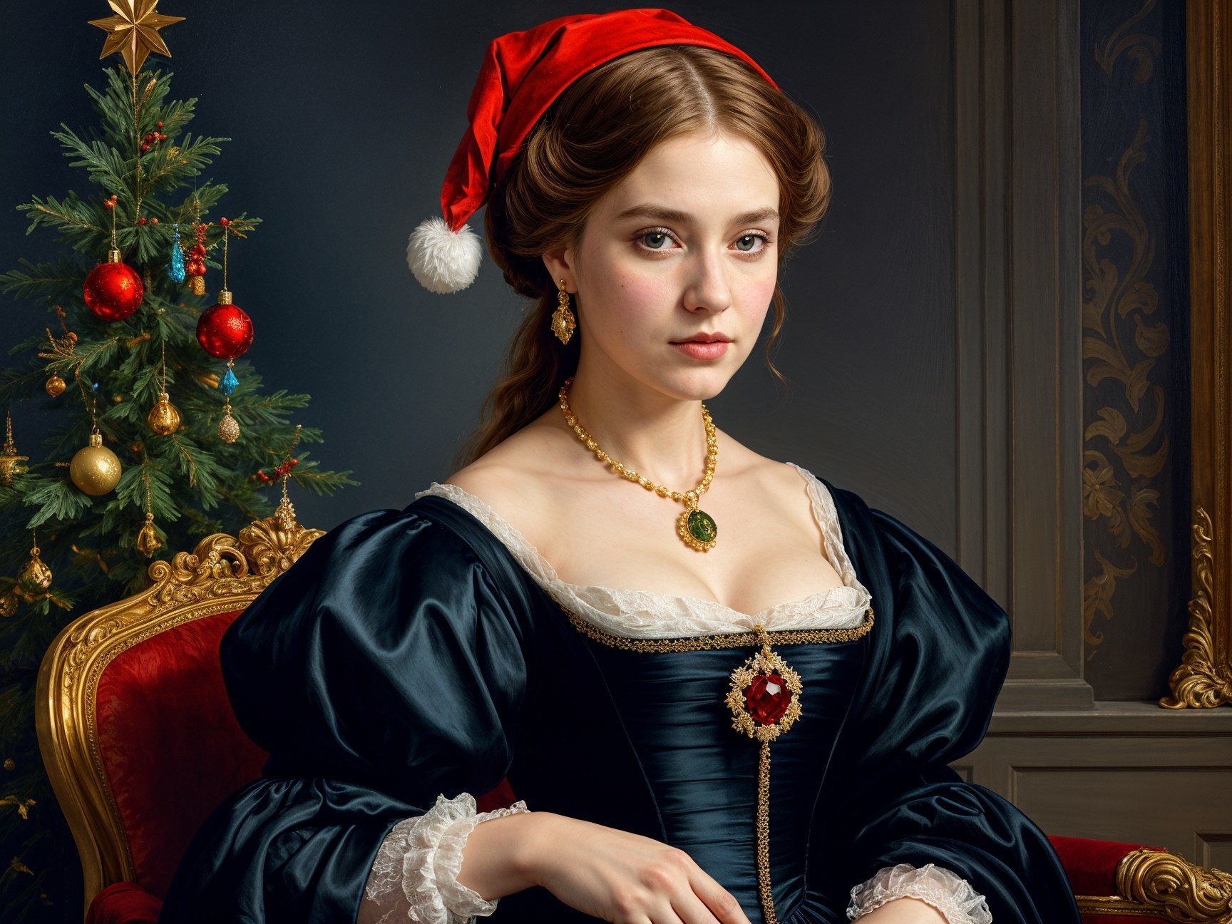Elegant Woman in Black Gown Amidst Christmas Decor