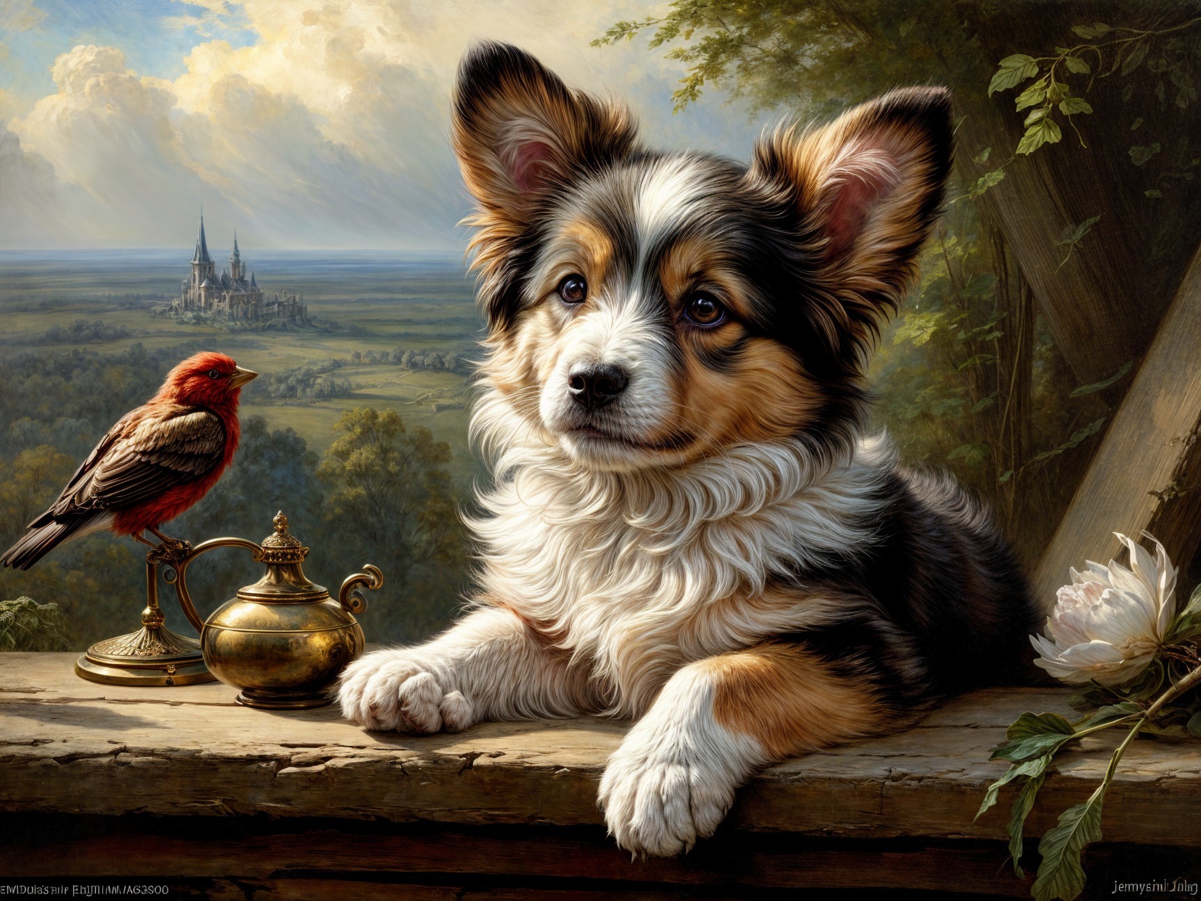Corgi Puppy and Bird by Fairytale Castle Scene