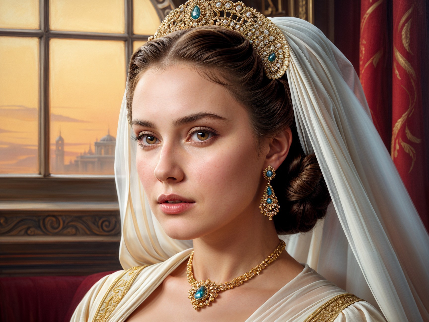Young Woman in Regal Attire with Golden Crown and Jewelry