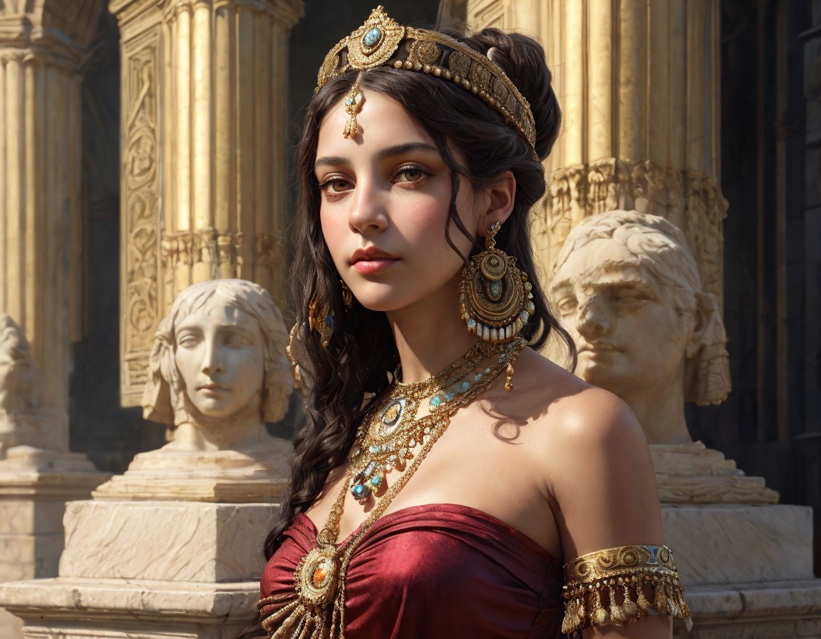 Woman in Golden Headdress with Classical Architecture