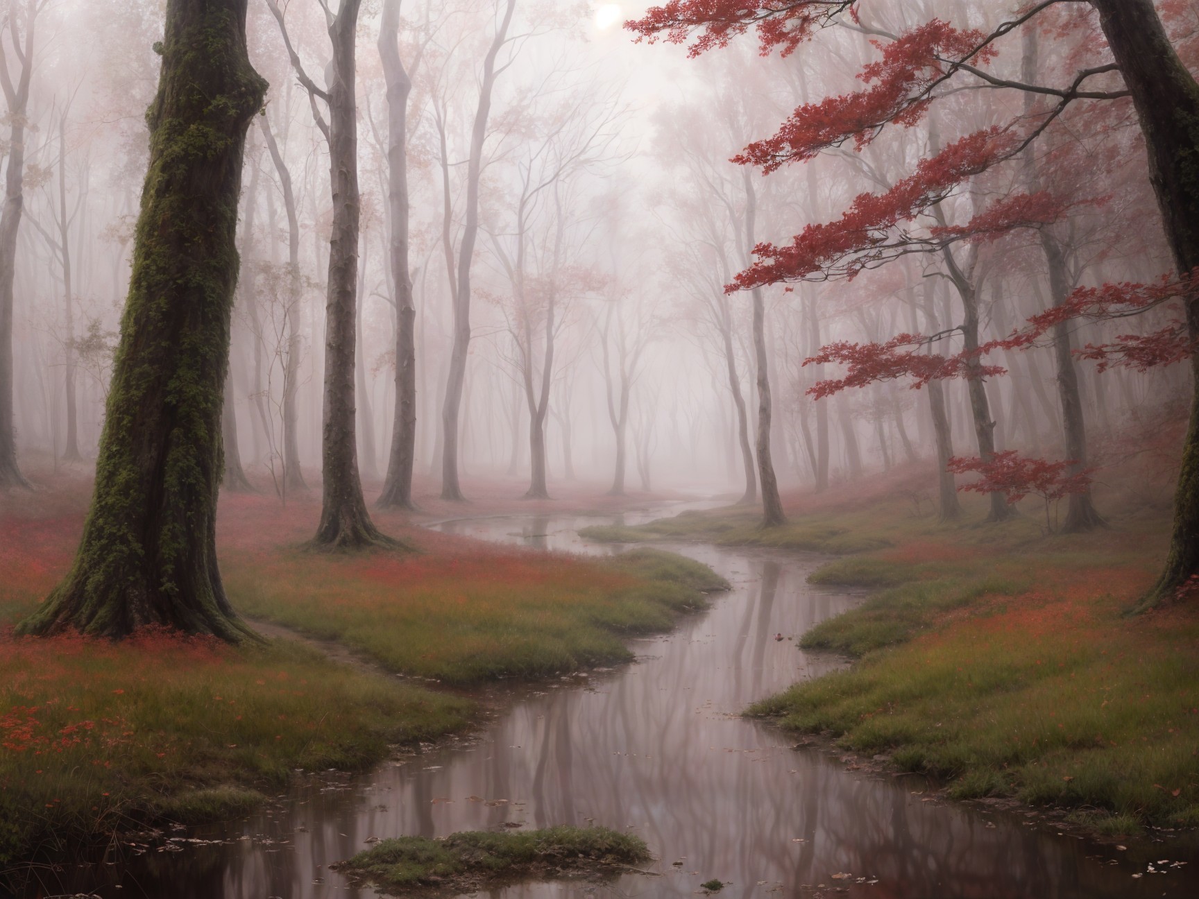 Misty Forest Scene with Trees and Gentle Stream