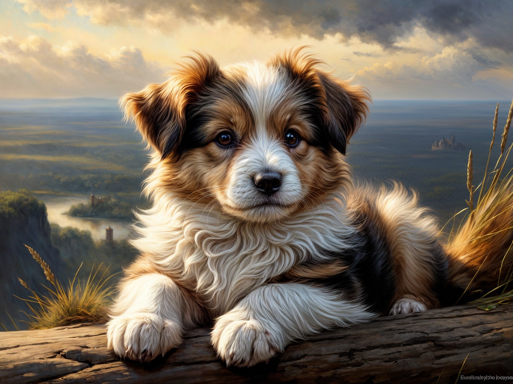 Playful Puppy on Log with Scenic Landscape View