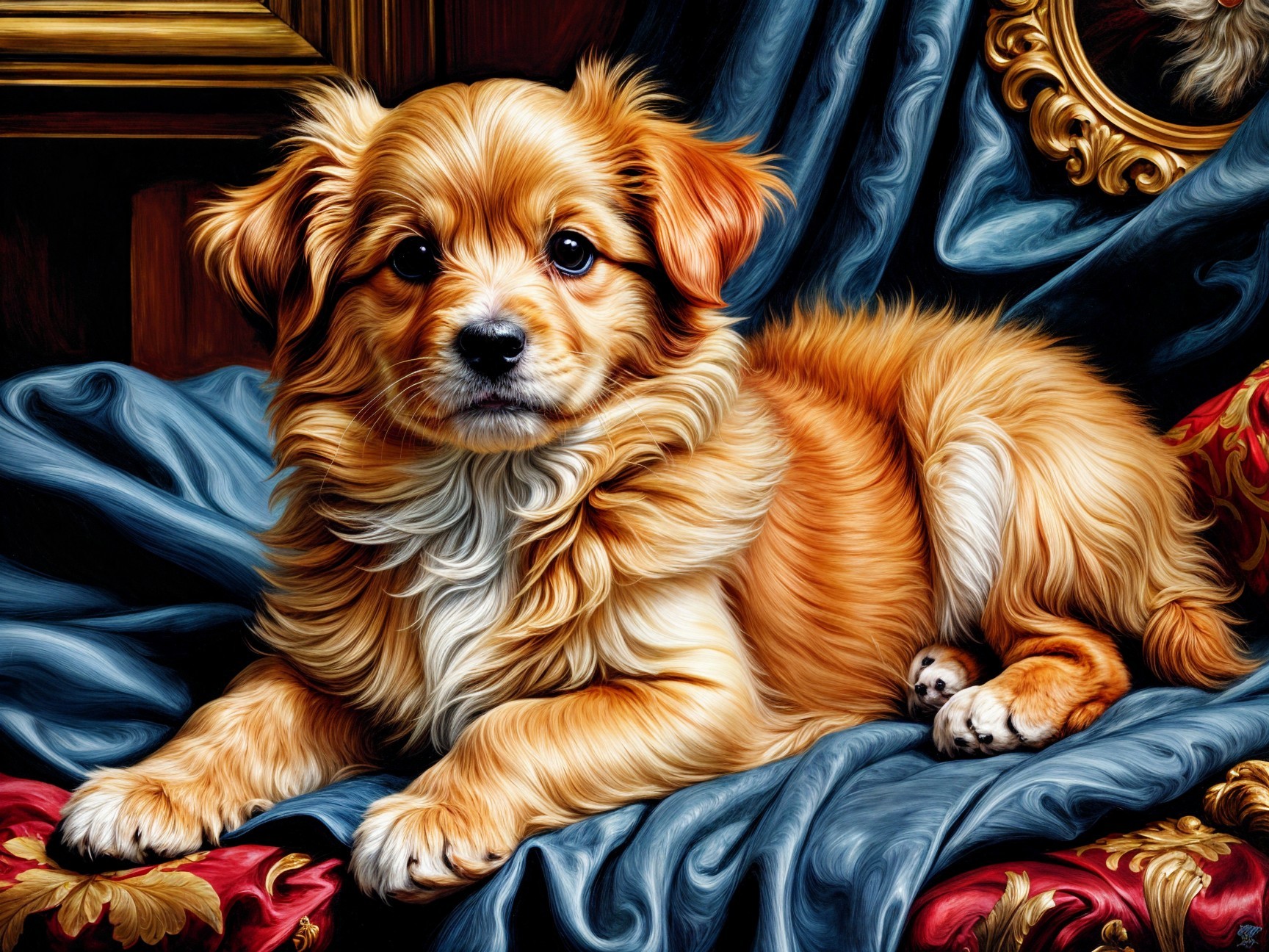 Fluffy Puppy on Textured Blue Fabric Background