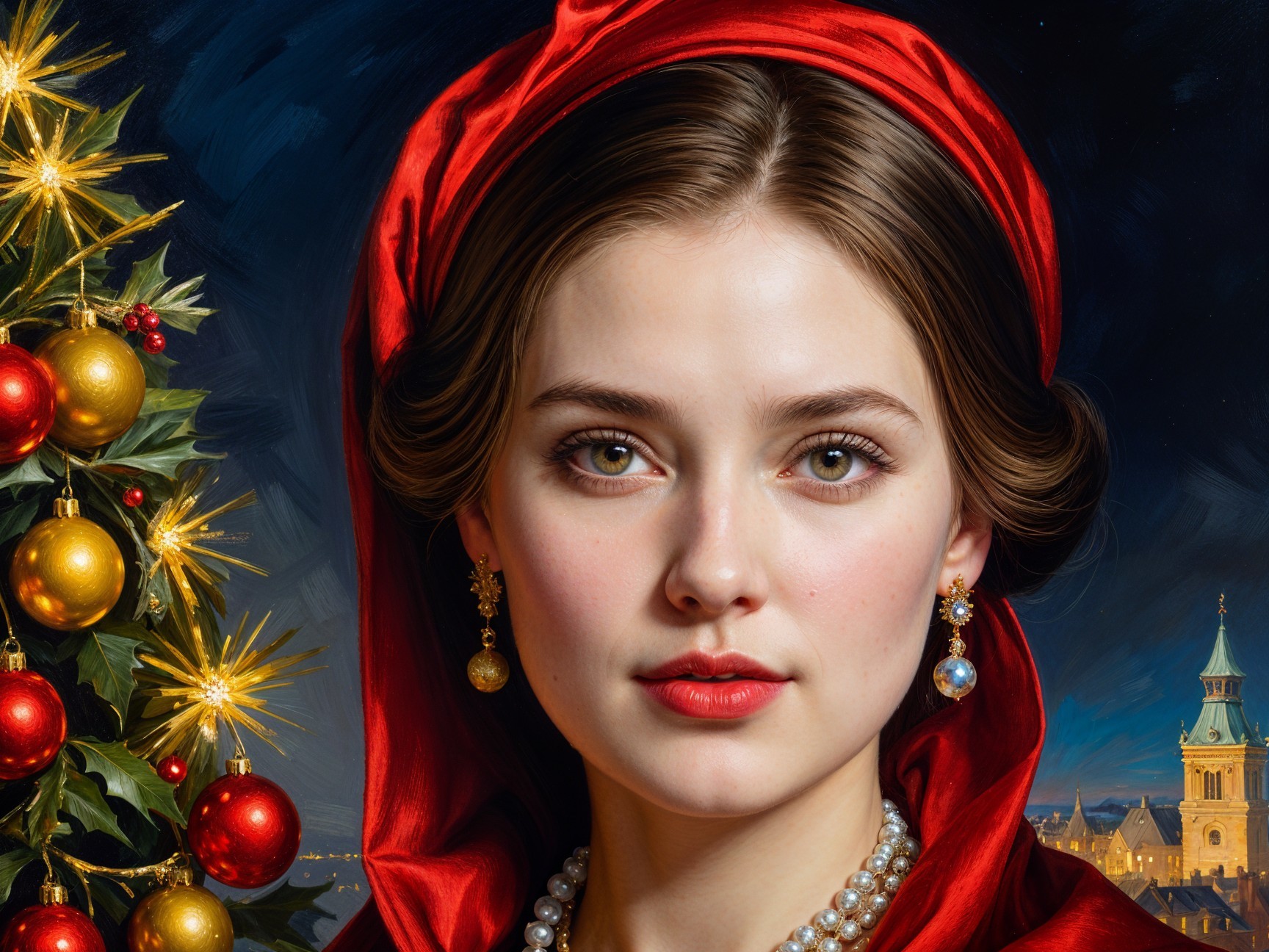 Young woman in red scarf by a Christmas tree
