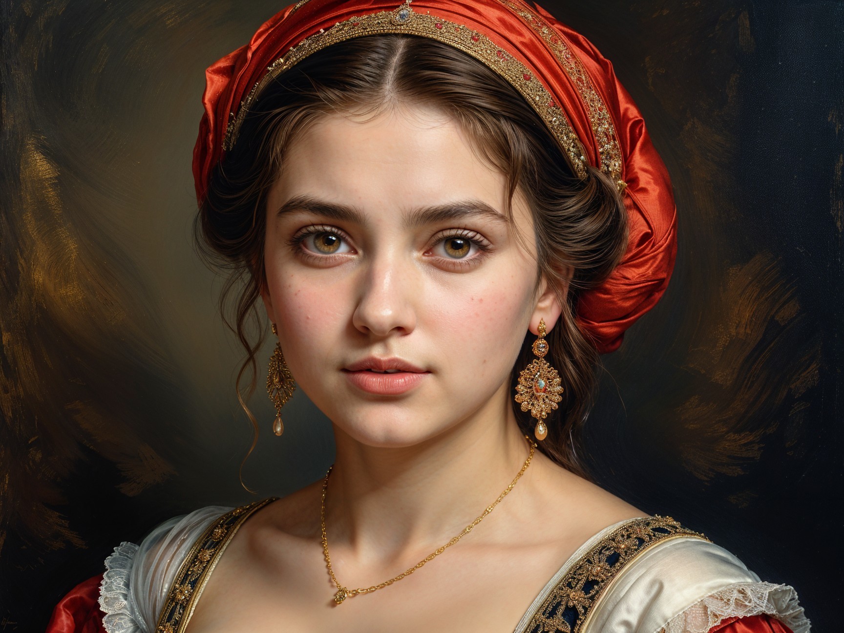 Young Woman in Historical Outfit with Hazel Eyes