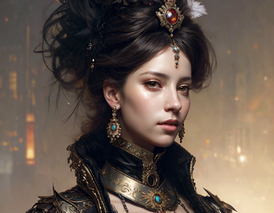 Regal Figure in Dark Ornate Attire with Jewels