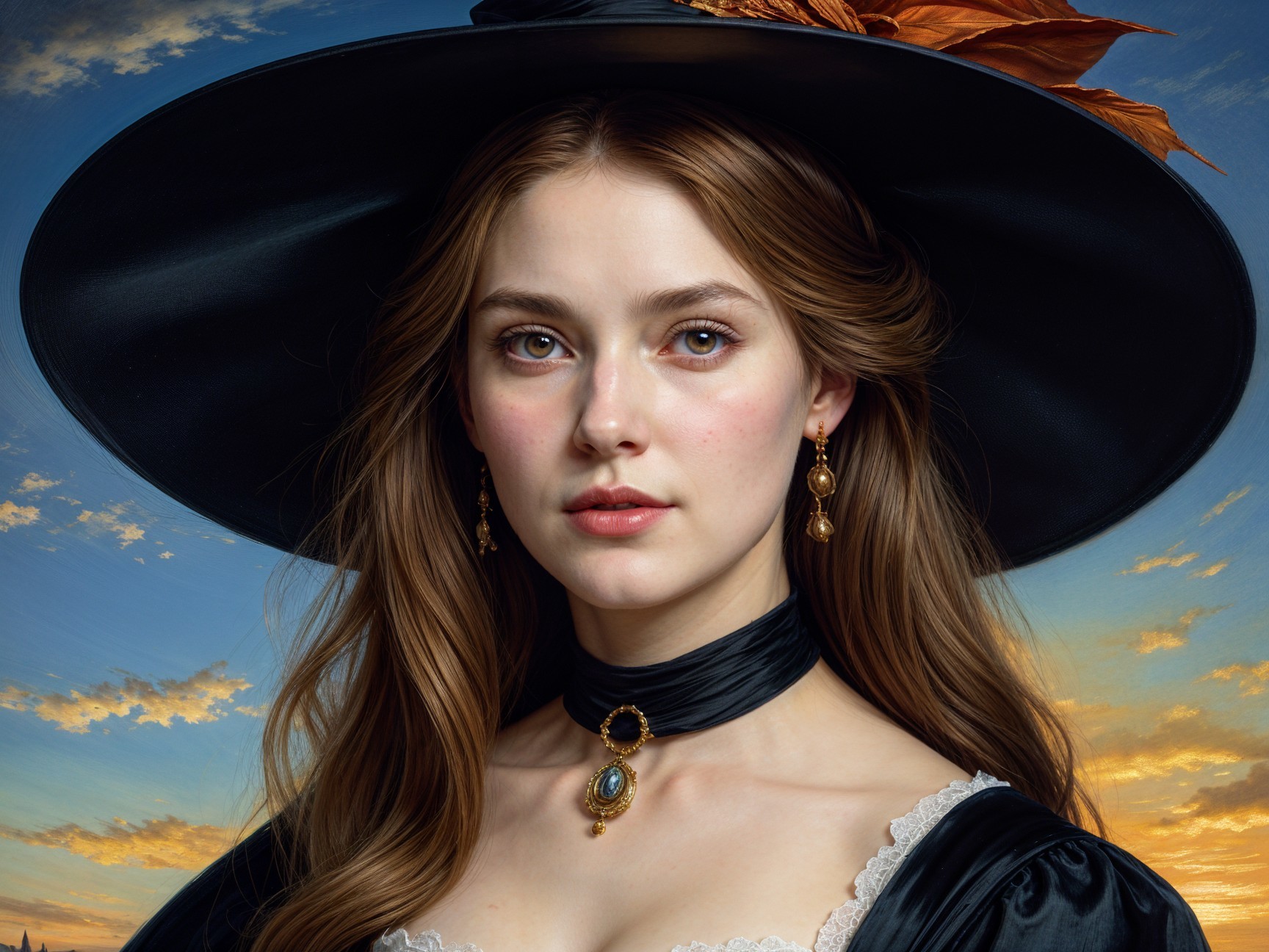 Young woman in black hat with sunset backdrop