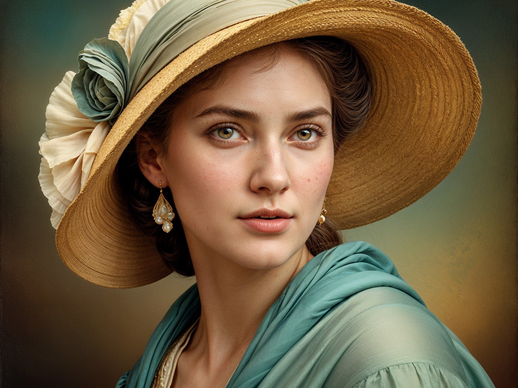 Young woman in straw hat with teal scarf and earrings