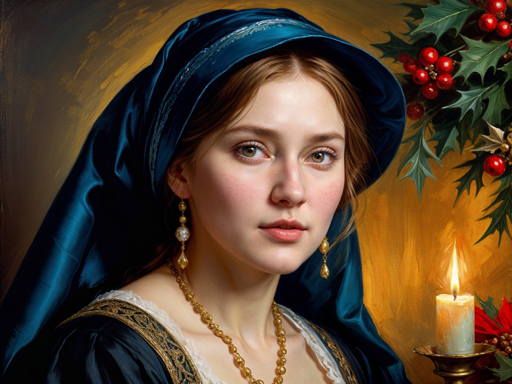 Young woman in blue hood with festive holly decor